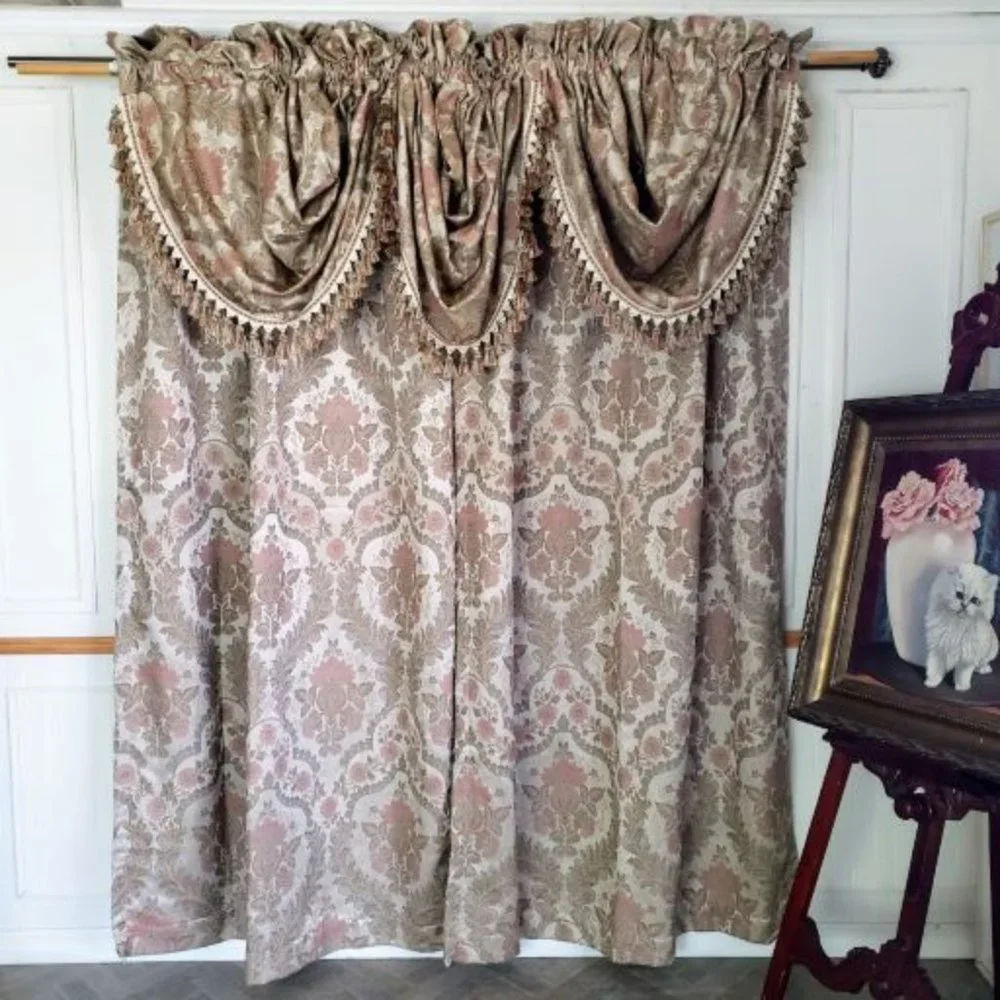 JC Penney Drapes Waterfall Valances 100Wx85L Tan Floral Jacquard Lined Vtg 7pcs